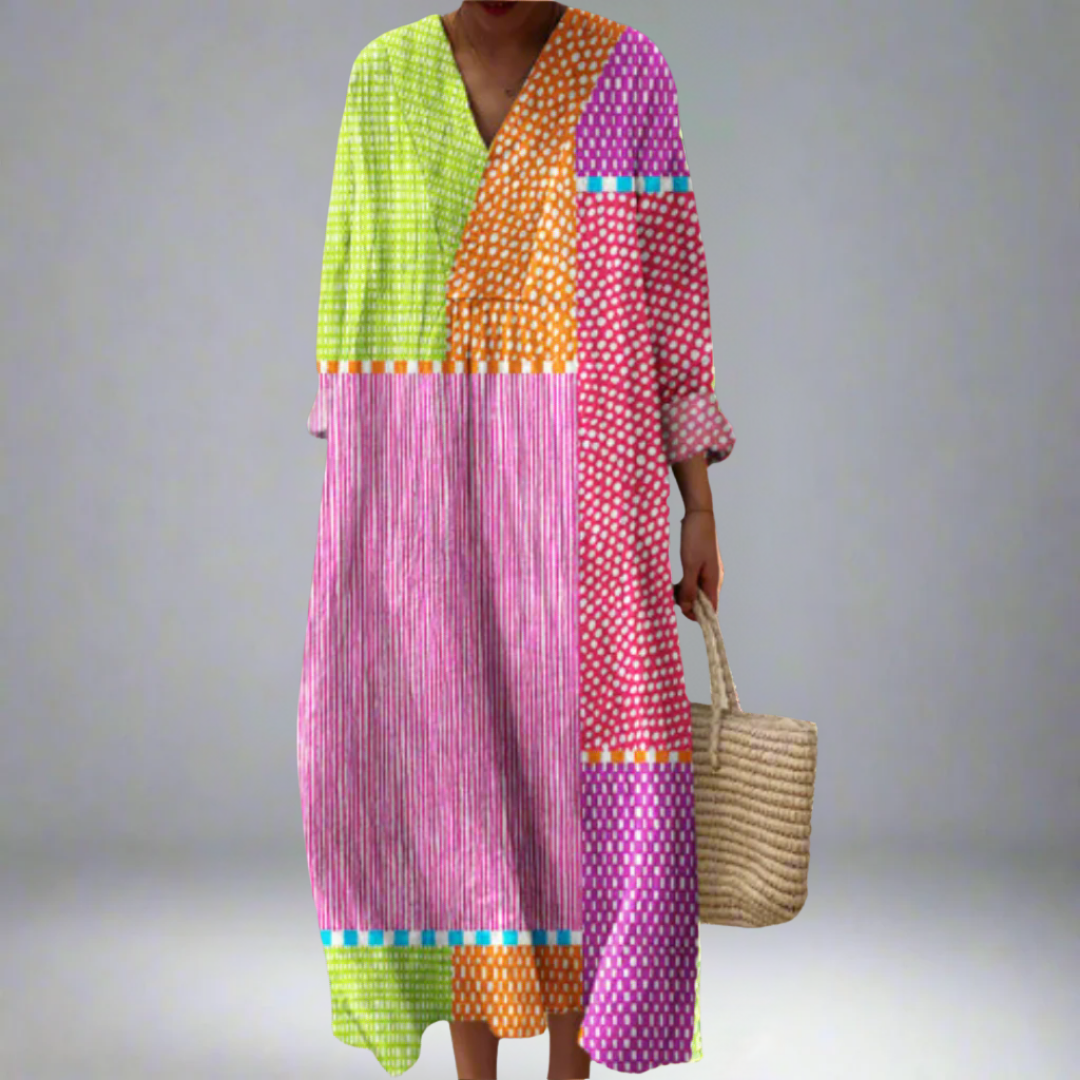 Zélie | Multicolored Patchwork Dress with Polka Dots and Stripes