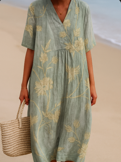 Olivia | Blue-gray embroidered floral dress