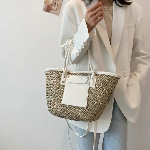 Sophie | Elegant straw bag with chic leather details