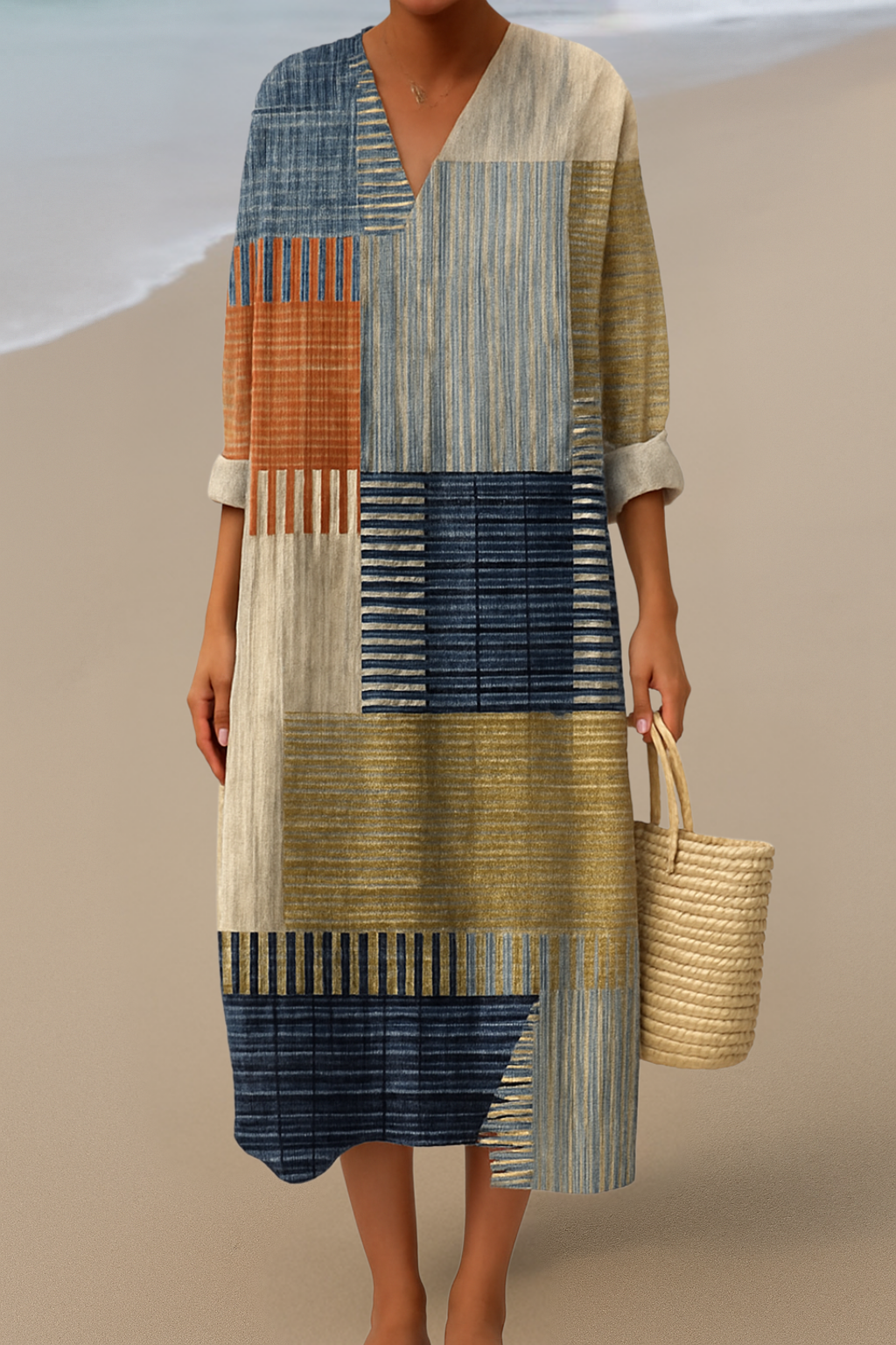 Long Dress with Patchwork Pattern – Natural Colors for a Bohemian Look
